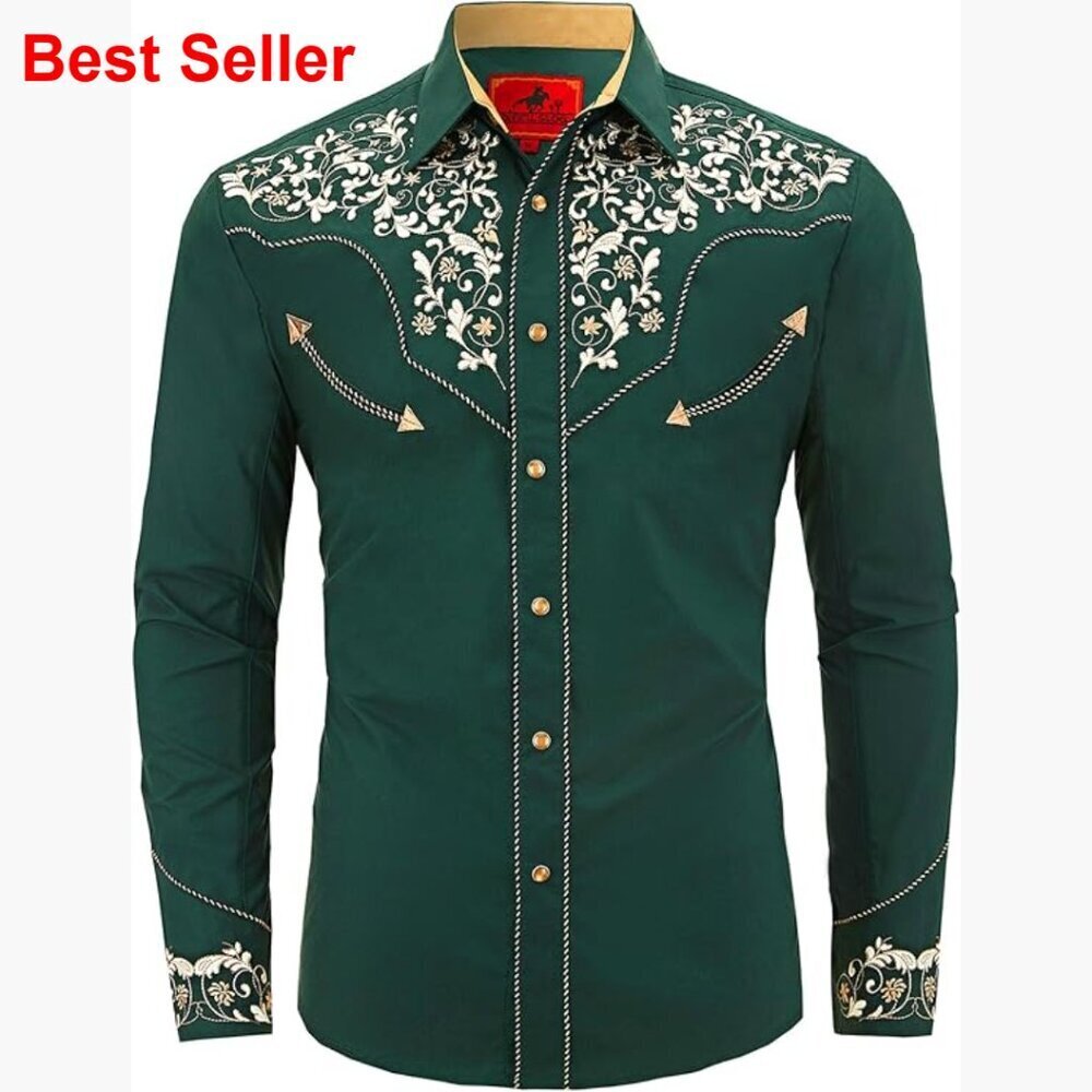 Men's Western Cowboy Snap Button Shirt with Floral Embroidery
